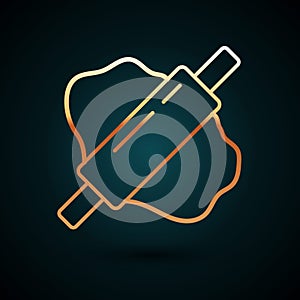 Gold line Rolling pin on dough icon isolated on dark blue background. Vector