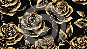 Gold line roses art on black background ai generated