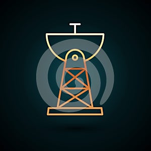 Gold line Satellite dish icon isolated on dark blue background. Radio antenna, astronomy and space research. Vector