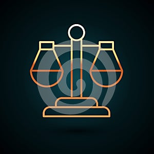 Gold line Scales of justice icon isolated on dark blue background. Court of law symbol. Balance scale sign. Vector