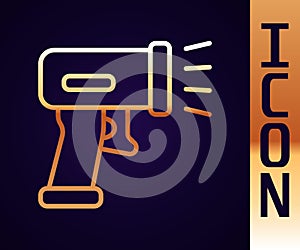 Gold line Scanner scanning bar code icon isolated on black background. Barcode label sticker. Identification for