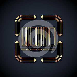 Gold line Scanner scanning bar code icon isolated on black background. Barcode label sticker. Identification for