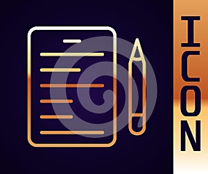 Gold line Scenario icon isolated on black background. Script reading concept for art project, films, theaters. Vector