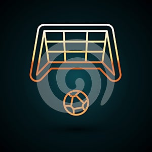 Gold line Soccer goal with ball icon isolated on dark blue background. Vector