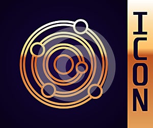 Gold line Solar system icon isolated on black background. The planets revolve around the star. Vector