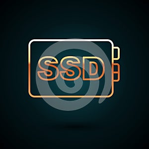 Gold line SSD card icon isolated on dark blue background. Solid state drive sign. Storage disk symbol. Vector