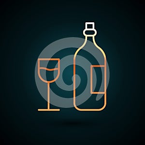 Gold line Wine bottle with wine glass icon isolated on dark blue background. Happy Easter. Vector Illustration