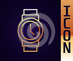 Gold line Wrist watch icon isolated on black background. Wristwatch icon. Vector