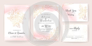 Gold lineart floral wedding invitation card template set with peach watercolor. Abstract background save the date, invitation,