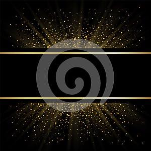 Gold lines on black background. Golden glow sparkle effect. Shine bright frame. Light magic effect design. Abstract