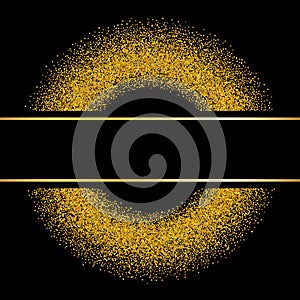 Gold lines, circle, black background. Golden glow sparkle effect. Shine bright frame. Light magic effect design