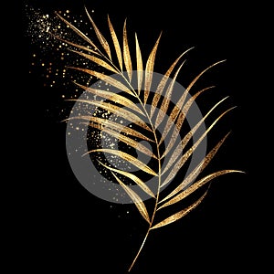 Gold lines minimalist glittery tropical palm branch with leaves, glitters. Textured shiny botanical palm leaves pattern background