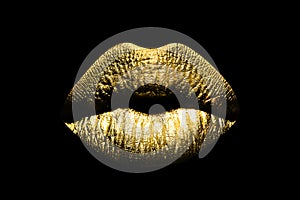 Gold lips. Woman wouth close up with golden color lipstick on lip. Glitter glossy lips biting.