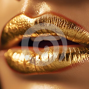 Gold lipstick close-up. Golden lips. Beautiful makeup, close-up. Metallic lipstick close-up