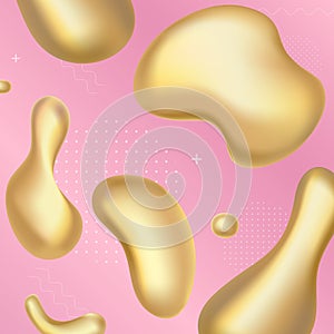 Gold liquid splash abstract shapes and luminous drops, 3d yellow metal fluid drops