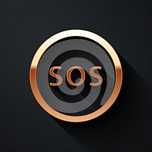 Gold Location with SOS icon isolated on black background. SOS call marker. Map pointer sign. Long shadow style. Vector