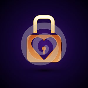 Gold Lock and heart icon isolated on black background. Locked Heart. Love symbol and keyhole sign. Valentines day symbol