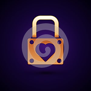 Gold Lock and heart icon isolated on dark blue background. Locked Heart. Love symbol and keyhole sign. Valentines day