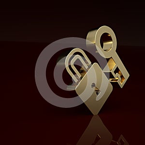 Gold Lock with key icon isolated on brown background. Love symbol and keyhole sign. Minimalism concept. 3D render