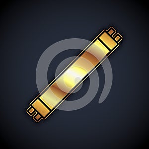 Gold Long luminescence fluorescent energy saving lamp icon isolated on black background. Vector