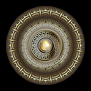 Gold luxury Mandala. Ancient round greek golden 3d ornaments. Vector surface gold meanders pattern on black background. Antique