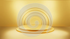 Gold Luxury podium color 3D background with geometric shapes circle, display empty pedestal on one floors Curved wall