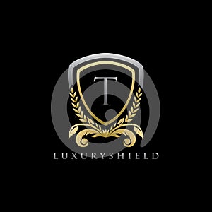 Gold Luxury Shield T Letter Logo