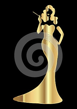 Gold luxury silhouette diva, shop logo fashion. Company logo design, Beautiful cover girl retro , isolated photo