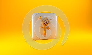 Gold Magic staff icon isolated on yellow background. Magic wand, scepter, stick, rod. Silver square button. 3D render