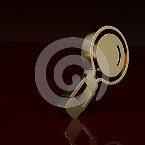 Gold Magnifying glass icon isolated on brown background. Search, focus, zoom, business symbol. Minimalism concept. 3D