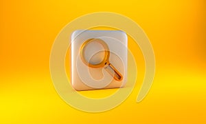 Gold Magnifying glass icon isolated on yellow background. Search, focus, zoom, business symbol. Silver square button. 3D