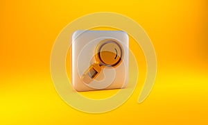 Gold Magnifying glass icon isolated on yellow background. Search, focus, zoom, business symbol. Silver square button. 3D