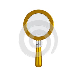 Gold magnifying glass isolated. Transparent loupe search icon for finding, reading, research, analysis or discovery concept. 3d