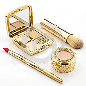 Gold Makeup and Beauty Tools isolated on white background