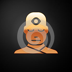 Gold Man with third eye icon isolated on black background. The concept of meditation, vision of energy, aura. Vector