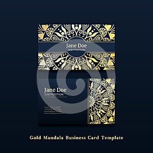 Gold Mandala Business Card Template. Vintage decorative. Ornamental floral business cards, oriental pattern, vector illustration.