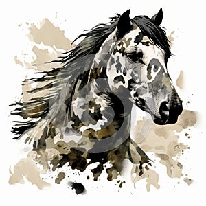 Gold Mane Horse Watercolor Illustration In Black And White Abstraction Style