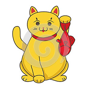 Gold Maneki neko / neco with fish, a cat with a raised paw Japanese luck symbol, illustration,