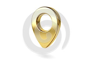 Gold map pointer 3d pin. Location symbol isolated on white background. Web location point, pointer. 3D rendering