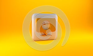 Gold Map pointer with bowling ball icon isolated on yellow background. Sport equipment. Silver square button. 3D render