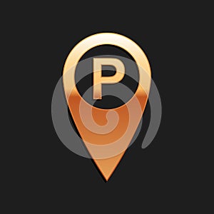 Gold Map pointer with car parking icon isolated on black background. Long shadow style. Vector