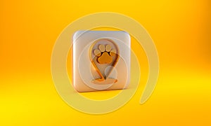 Gold Map pointer with veterinary medicine hospital, clinic or pet shop for animals icon isolated on yellow background