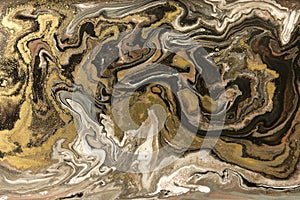 Gold marbling texture design. Beige and golden marble pattern. Fluid art.