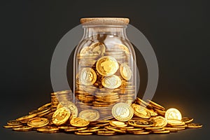 Gold market concept coins stored in bottles, representing wealth