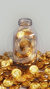 Gold market concept coins stored in bottles, representing wealth