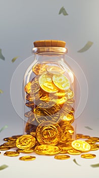 Gold market concept coins stored in bottles, representing wealth