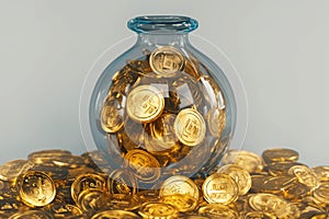 Gold market concept coins stored in bottles, representing wealth