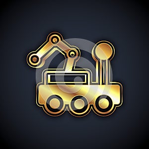 Gold Mars rover icon isolated on black background. Space rover. Moonwalker sign. Apparatus for studying planets surface