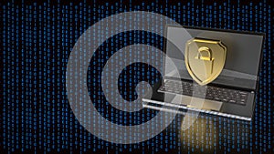 The gold master key on shield on digital background  for security concept 3d rendering