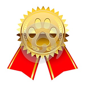 Gold Medal 1st Place Badge. Icon paw, Symbol of victory animal, medal with red ribbon
